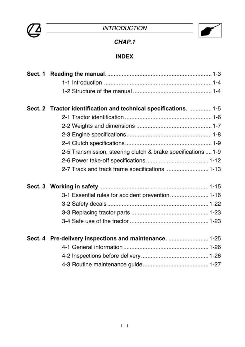 May include: A white and black printed manual with the title "INTRODUCTION" and "CHAP.1" at the top. The index includes sections on reading the manual, tractor specifications, working in safety, and pre-delivery inspections.
