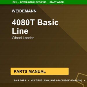 Może przedstawiać: Okładka dokumentu cyfrowego z tekstem "WEIDEMANN 4080T Basic Line Wheel Loader". Okładka jest brązowo-złota z zielonym nagł&oacute;wkiem z napisem "BUY &bull; DOWNLOAD IN SECONDS &bull; START WORK". Dokument to instrukcja części z 846 stronami.