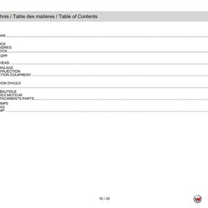 May include: A white page with the title "Table of Contents" in English, French, and German. The page lists engine parts, including motorblock, cylinder head, and fuel injection equipment. The page number is 10/30.