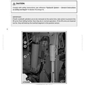 Pode incluir: Diagrama de um manual mostrando a remo&ccedil;&atilde;o dos cilindros do eixo oscilante. A imagem inclui uma vista detalhada dos componentes mec&acirc;nicos, rotulados com letras e setas. O texto fornece instru&ccedil;&otilde;es e avisos de seguran&ccedil;a.