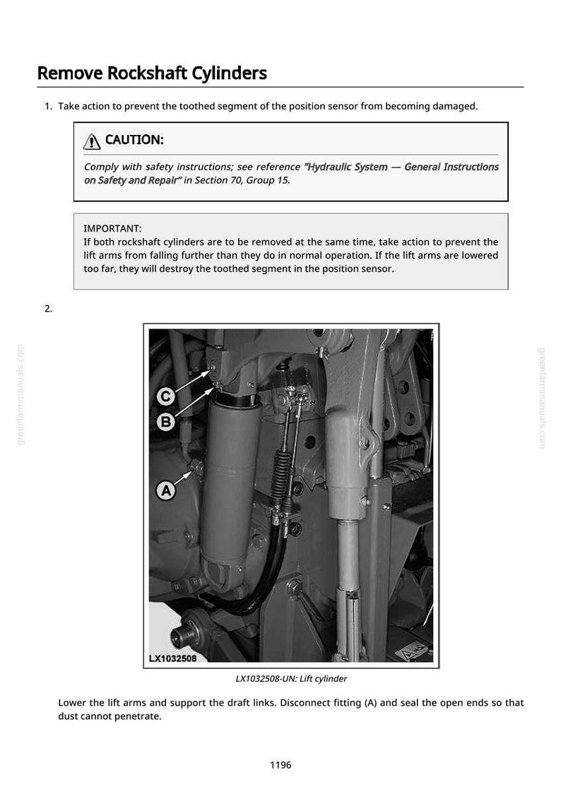Pode incluir: Diagrama de um manual mostrando a remo&ccedil;&atilde;o dos cilindros do eixo oscilante. A imagem inclui uma vista detalhada dos componentes mec&acirc;nicos, rotulados com letras e setas. O texto fornece instru&ccedil;&otilde;es e avisos de seguran&ccedil;a.