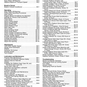May include: A detailed table of contents from a manual, listing maintenance and operational procedures for a mower-conditioner. Includes sections on lubrication, adjustments, and troubleshooting, with page numbers.