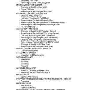 K&ouml;nnte beinhalten: Eine detaillierte Liste der Wartungsverfahren f&uuml;r einen Teleskoplader, einschlie&szlig;lich Kraftstoffsystem, Motorschmierung, Hydrauliksysteme, Achsen, Reifenwartung und Notausgangsverfahren. Der Text ist in schwarzer Schrift.