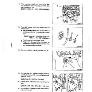 May include: Diagram of a fuel injection pump assembly with numbered parts and torque specifications. Instructions include aligning the pump camshaft, tightening nuts, and removing the engine timing pin. Measurements are in Newton meters and kilograms.