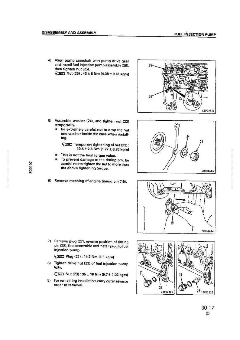 May include: Diagram of a fuel injection pump assembly with numbered parts and torque specifications. Instructions include aligning the pump camshaft, tightening nuts, and removing the engine timing pin. Measurements are in Newton meters and kilograms.