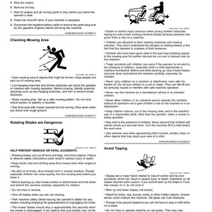 May include: Safety instructions page with illustrations and text. Warnings include avoiding injury from rotating blades, keeping children safe, and preventing tipping. Includes diagrams and safety tips.