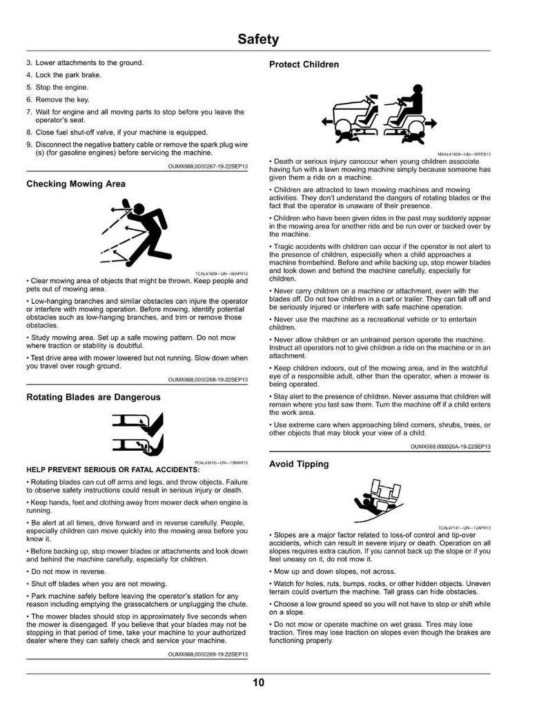 May include: Safety instructions page with illustrations and text. Warnings include avoiding injury from rotating blades, keeping children safe, and preventing tipping. Includes diagrams and safety tips.