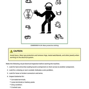 K&ouml;nnte beinhalten: Diagramm zur elektrischen Sicherheit. Eine Strichm&auml;nnchenfigur mit Schutzkleidung, einschlie&szlig;lich Helm, Schutzbrille und Handschuhen, ist von Symbolen f&uuml;r Sicherheitsausr&uuml;stung umgeben. Der Text lautet "Elektrisches System visuell pr&uuml;fen."
