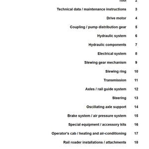 May include: A white document with a list of technical terms and numbers. The terms include "General", "Tool", "Drive motor", "Hydraulic system", and "Transmission". The document appears to be a table of contents.