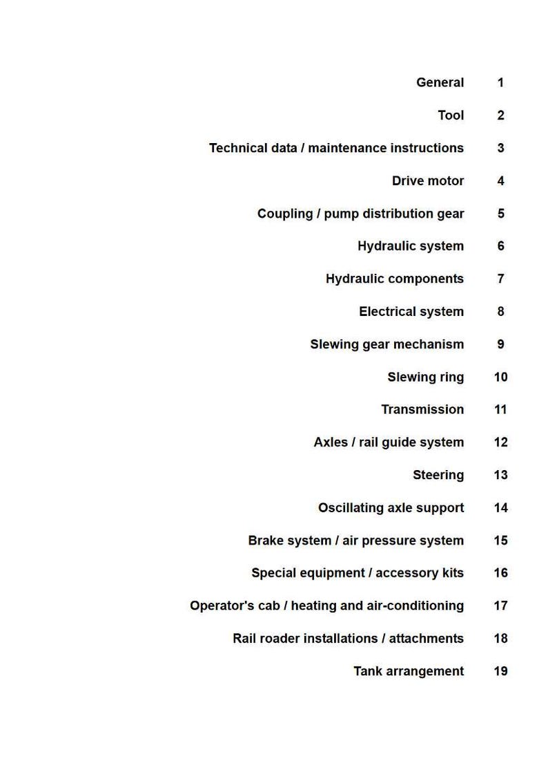 May include: A white document with a list of technical terms and numbers. The terms include "General", "Tool", "Drive motor", "Hydraulic system", and "Transmission". The document appears to be a table of contents.