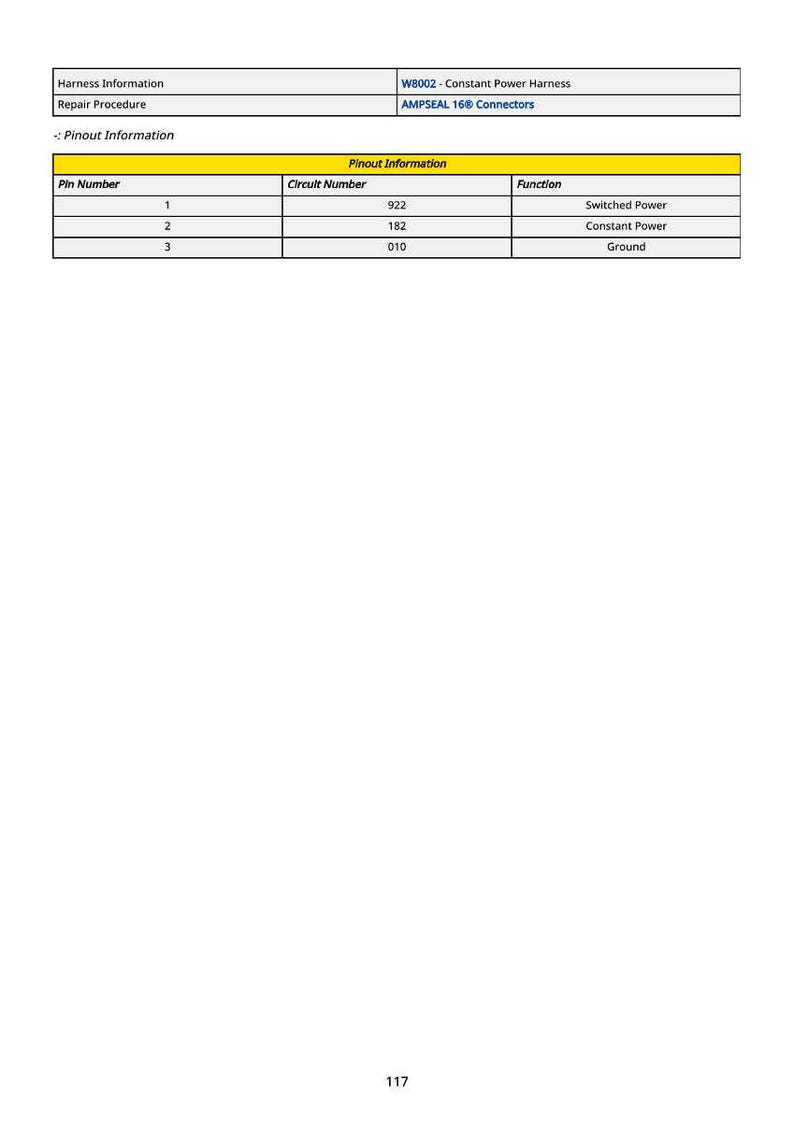 K&ouml;nnte beinhalten: Eine technische Zeichnung mit Pinbelegungsinformationen f&uuml;r einen W8002-Konstantstrom-Kabelbaum. Das Diagramm enth&auml;lt eine Tabelle mit Pinnummer, Schaltkreisnummer und Funktion. Die Tabelle listet die Funktionen als geschaltete Leistung, konstante Leistung und Masse auf.