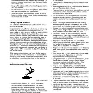 Peut inclure: Page blanche avec des consignes de s&eacute;curit&eacute; et d'entretien. Le texte aborde l'utilisation de la tondeuse, les pare-&eacute;tincelles et le stockage. Une silhouette noire illustre une personne utilisant une machine, soulignant la s&eacute;curit&eacute;.