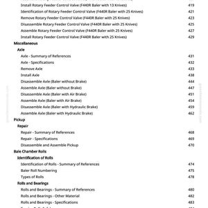 Może przedstawiać: Strona z instrukcji z szczeg&oacute;łowym spisem treści. Sekcje obejmują "Rotary Feeder Control Valve", "Axle", "Repair" i "Rolls and Bearings". Numery stron są wyświetlane po prawej stronie. Dokument pochodzi z greenfarmmanuals.com.
