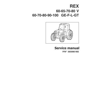 May include: A black and white line drawing of a tractor with the text "REX" and model numbers. Below the tractor illustration is the text "Service manual" and a part number.