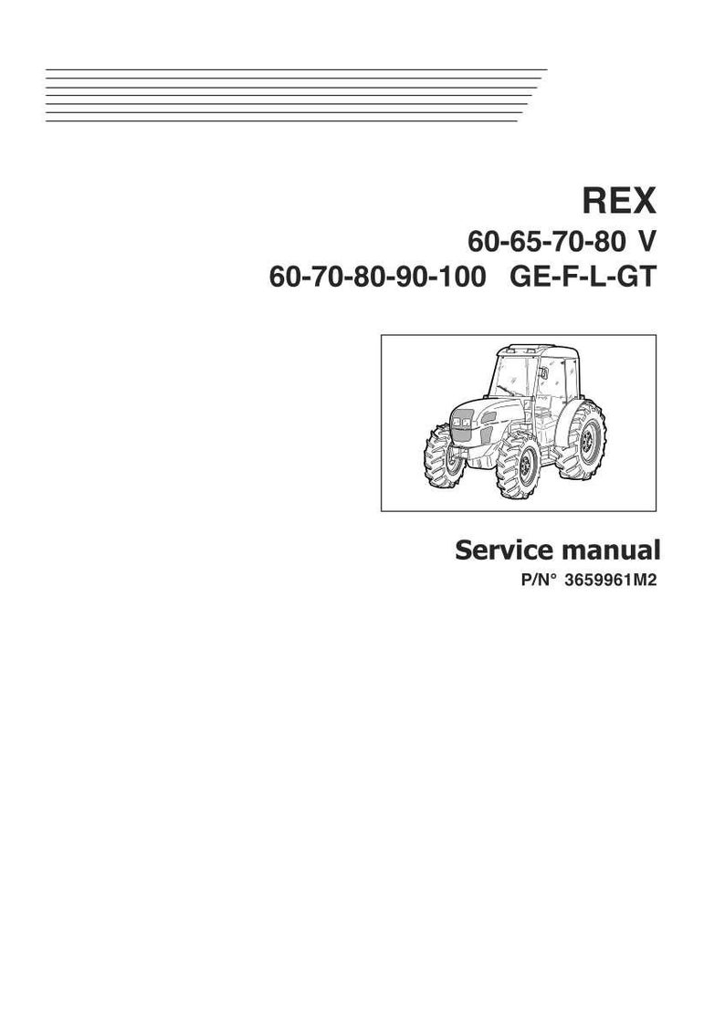 May include: A black and white line drawing of a tractor with the text "REX" and model numbers. Below the tractor illustration is the text "Service manual" and a part number.