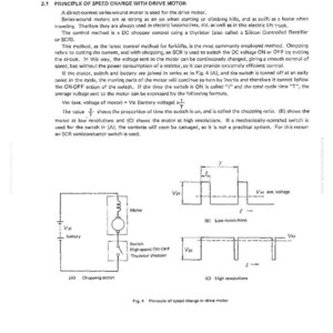 Op de afbeelding: Technisch diagram dat het principe van snelheidsverandering in een aandrijfmotor uitlegt. Het bevat schakelschema's, een batterij, een motor en een schakelaar, samen met grafieken die lage en hoge toerentallen weergeven. Tekst legt de functie uit.