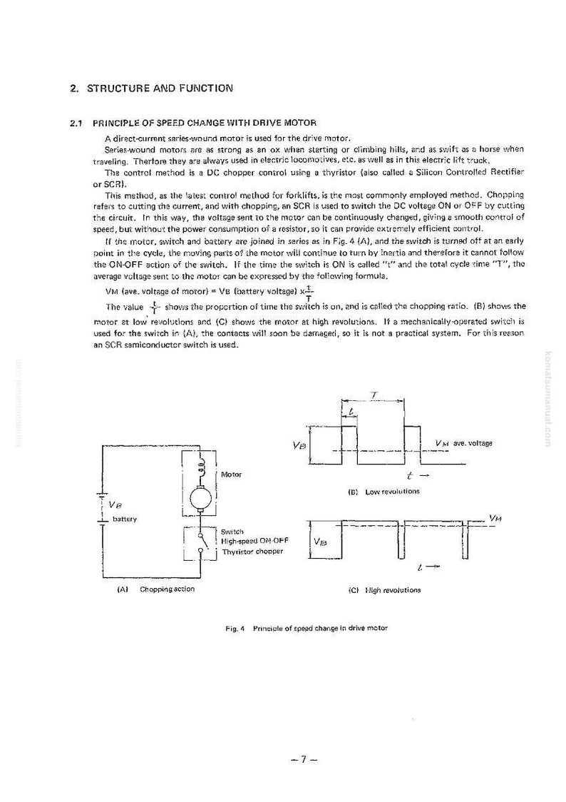 Op de afbeelding: Technisch diagram dat het principe van snelheidsverandering in een aandrijfmotor uitlegt. Het bevat schakelschema's, een batterij, een motor en een schakelaar, samen met grafieken die lage en hoge toerentallen weergeven. Tekst legt de functie uit.