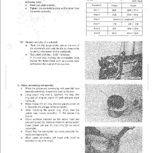May include: A page from a manual detailing engine disassembly and assembly procedures. Includes diagrams, torque specifications in kg/m, and step-by-step instructions for components like the crankshaft and piston assembly.