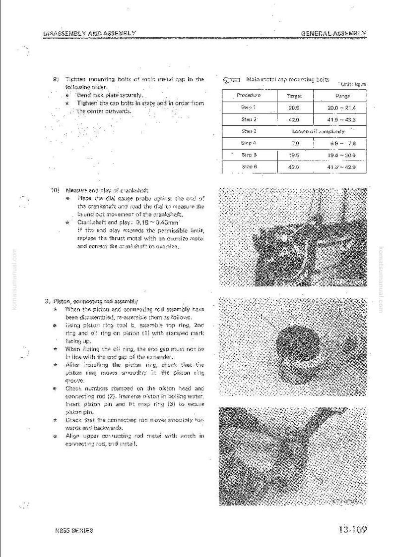 May include: A page from a manual detailing engine disassembly and assembly procedures. Includes diagrams, torque specifications in kg/m, and step-by-step instructions for components like the crankshaft and piston assembly.