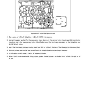 May include: Diagram of a reverse brake test plate, labeled DFRW85, with detailed internal pathways and a separate section with four holes. Text includes instructions for cutting and drilling the plate, with measurements in inches.