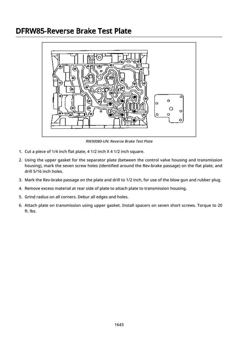 May include: Diagram of a reverse brake test plate, labeled DFRW85, with detailed internal pathways and a separate section with four holes. Text includes instructions for cutting and drilling the plate, with measurements in inches.