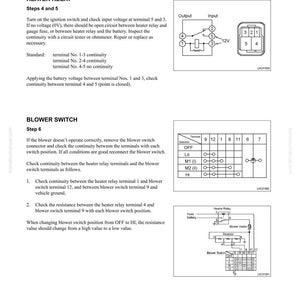 May include: A troubleshooting guide page with diagrams and text detailing electrical circuit checks for a heater relay and blower switch. Includes wiring diagrams, terminal numbers, and instructions for testing continuity and resistance.