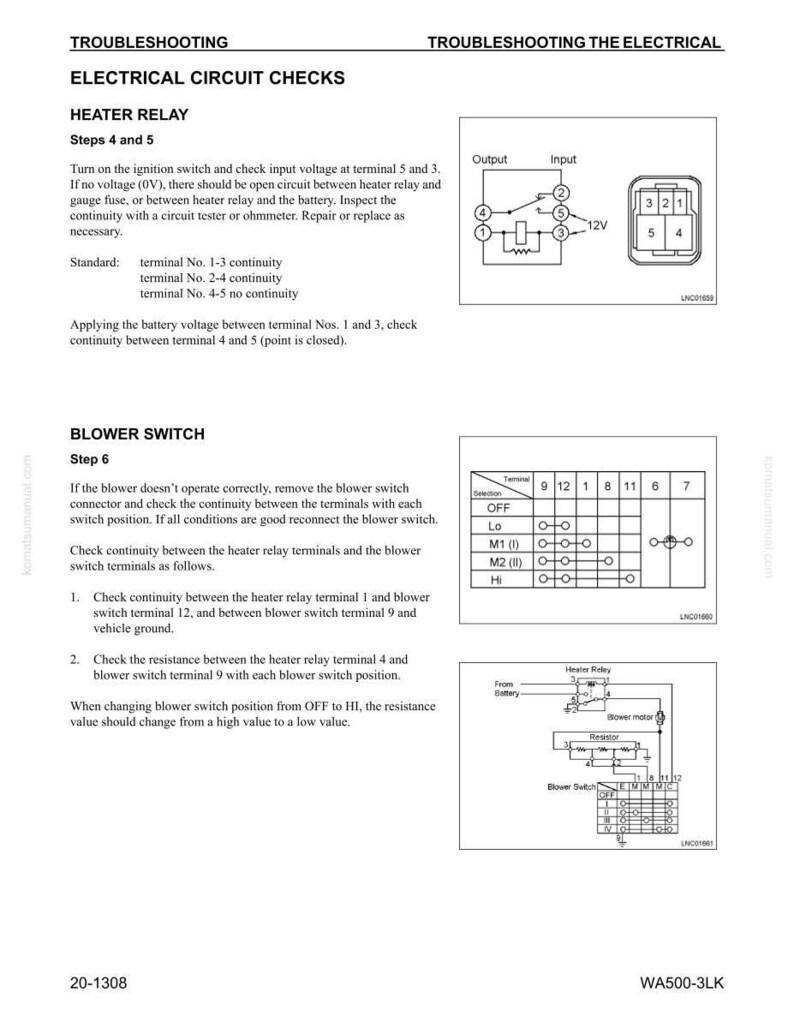 May include: A troubleshooting guide page with diagrams and text detailing electrical circuit checks for a heater relay and blower switch. Includes wiring diagrams, terminal numbers, and instructions for testing continuity and resistance.