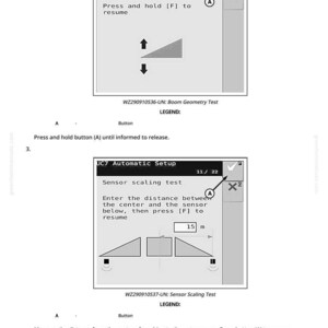 May include: Screenshots from a device's setup menu, displaying options for automatic setup. The screen shows instructions for boom geometry and sensor scaling tests, including button prompts and measurement details.
