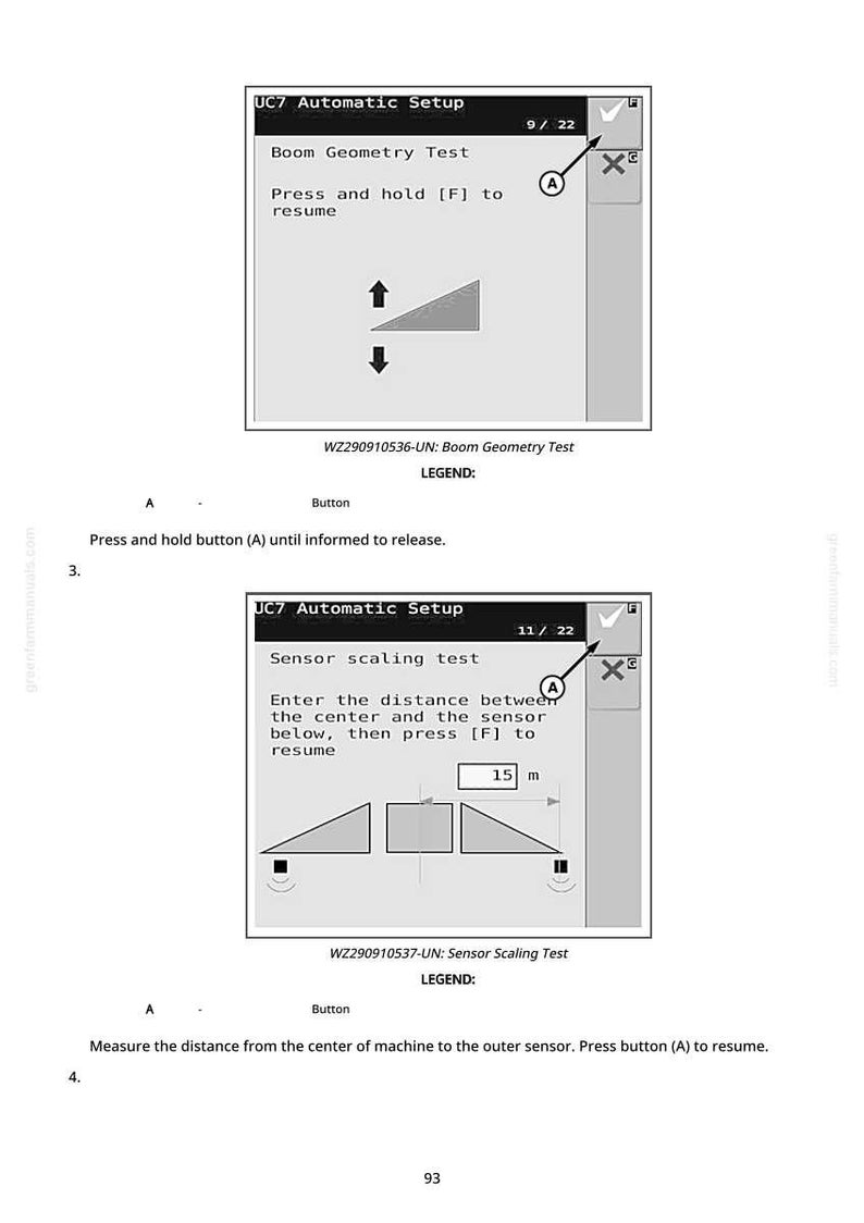 May include: Screenshots from a device's setup menu, displaying options for automatic setup. The screen shows instructions for boom geometry and sensor scaling tests, including button prompts and measurement details.