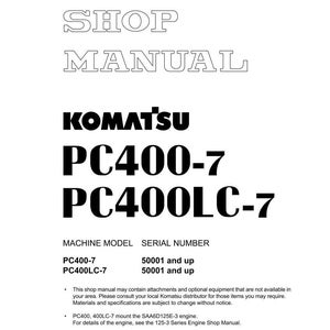 Puede incluir: Un manual de taller blanco con el logotipo de Komatsu y los n&uacute;meros de modelo PC400-7 y PC400LC-7. El manual incluye texto sobre el modelo de m&aacute;quina, el n&uacute;mero de serie y los detalles del motor. El documento est&aacute; impreso en Jap&oacute;n.