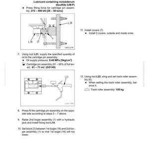 May include: Technical diagram illustrating disassembly and assembly procedures. Includes diagrams of parts, specifications, and instructions for tasks like fitting cartridge pins and installing covers. Features measurements in kN and kg.
