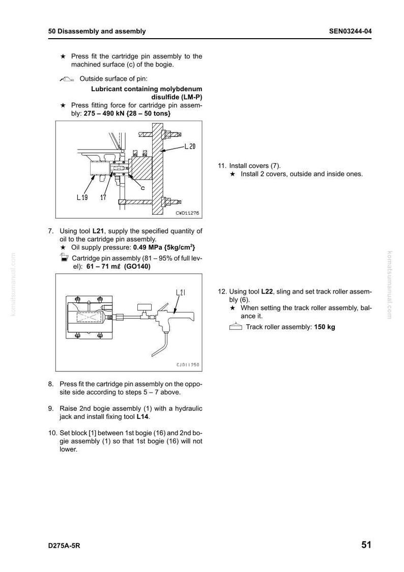 May include: Technical diagram illustrating disassembly and assembly procedures. Includes diagrams of parts, specifications, and instructions for tasks like fitting cartridge pins and installing covers. Features measurements in kN and kg.
