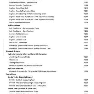 May include: A detailed list of agricultural equipment maintenance and repair procedures. The document includes sections on conditioners, hydraulic systems, and special tools. The text is in black font on a white background, with page numbers.