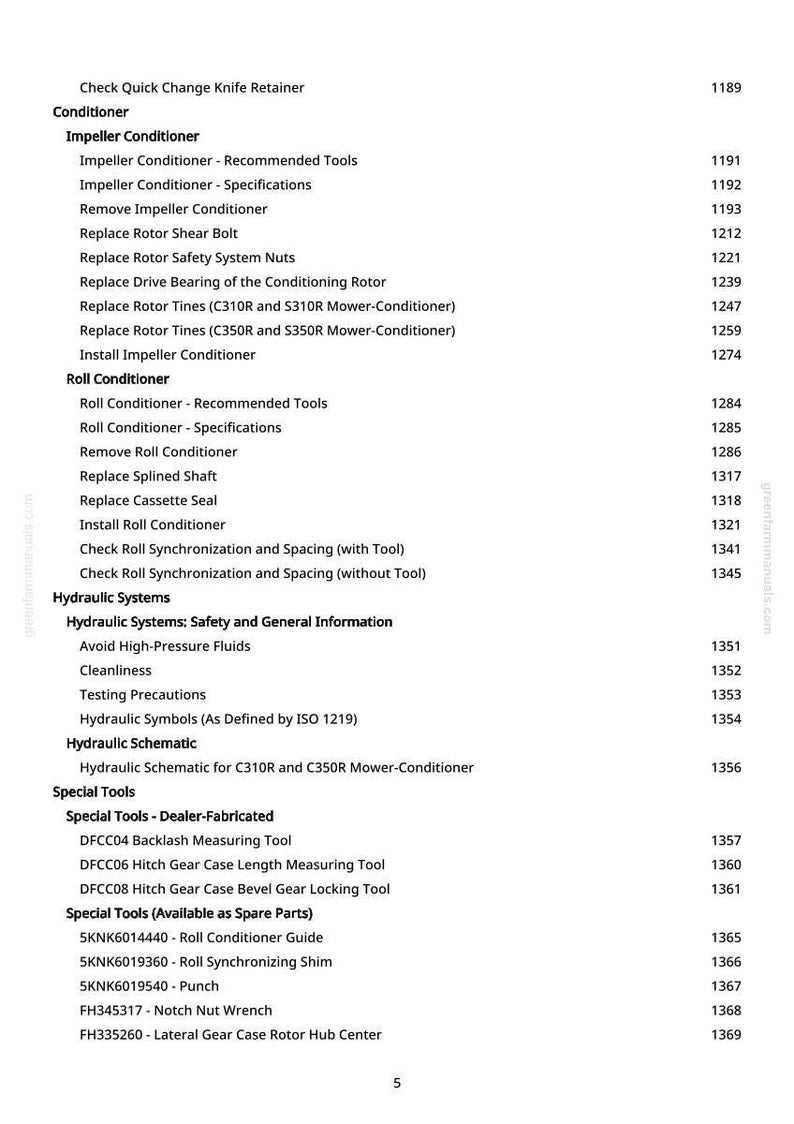 May include: A detailed list of agricultural equipment maintenance and repair procedures. The document includes sections on conditioners, hydraulic systems, and special tools. The text is in black font on a white background, with page numbers.