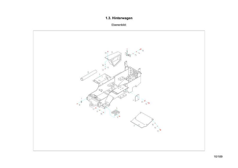 Puede incluir: Un diagrama expl&iacute;cito de la secci&oacute;n trasera de un veh&iacute;culo, etiquetado como "1.3. Hinterwagen". La imagen es una ilustraci&oacute;n t&eacute;cnica con varios componentes y etiquetas, renderizada en blanco y negro con acentos rojos. El n&uacute;mero de p&aacute;gina "10/189" es visible.