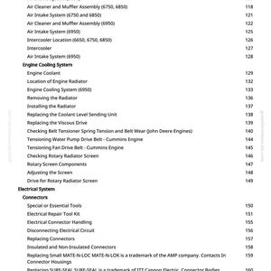 May include: A white printed page from a manual, listing various engine and electrical system components. Sections include Air Intake System, Engine Cooling System, and Electrical System, with page numbers.