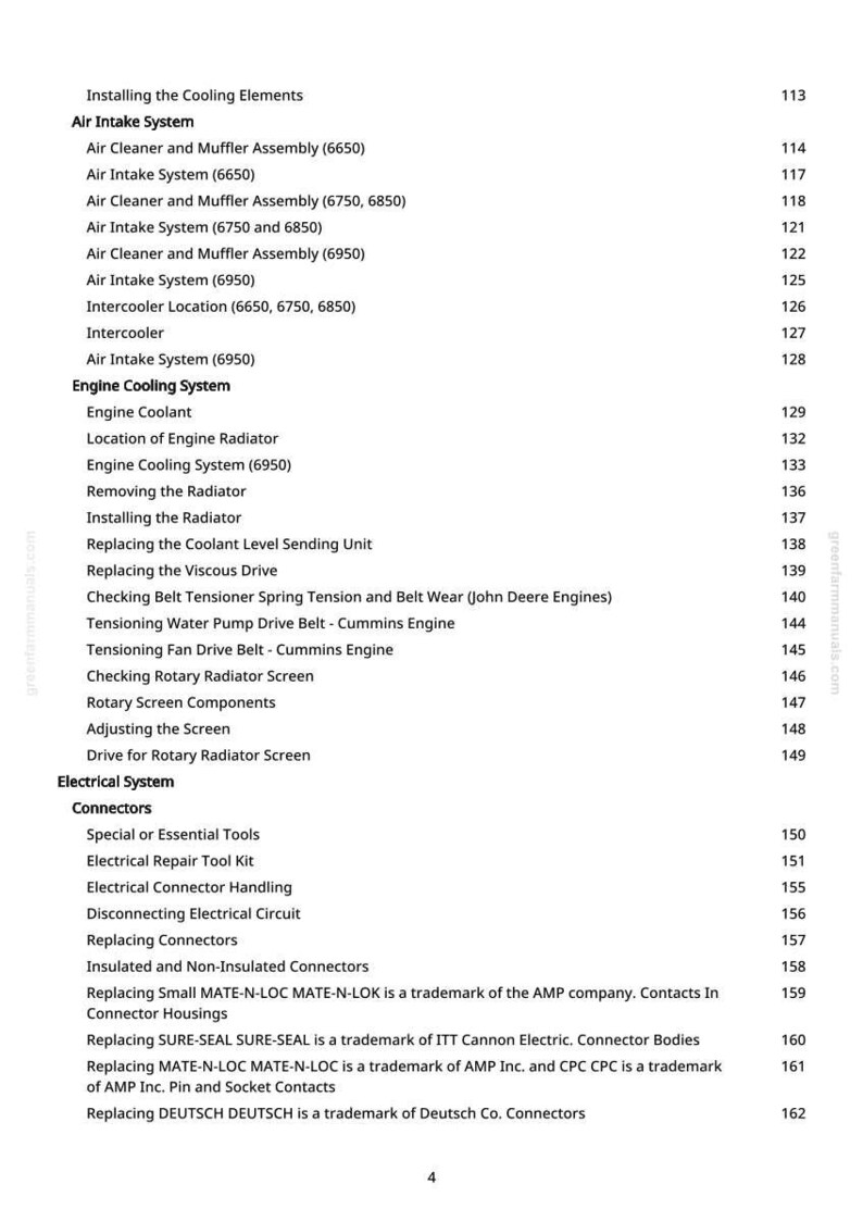 May include: A white printed page from a manual, listing various engine and electrical system components. Sections include Air Intake System, Engine Cooling System, and Electrical System, with page numbers.