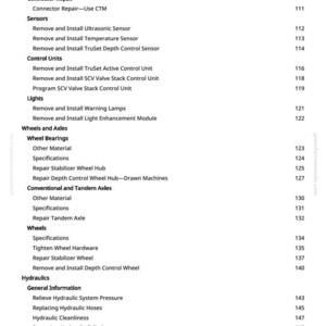 May include: A detailed table of contents from a manual, listing repair and maintenance procedures for agricultural equipment. The text is in black font on a white background, with page numbers on the right.