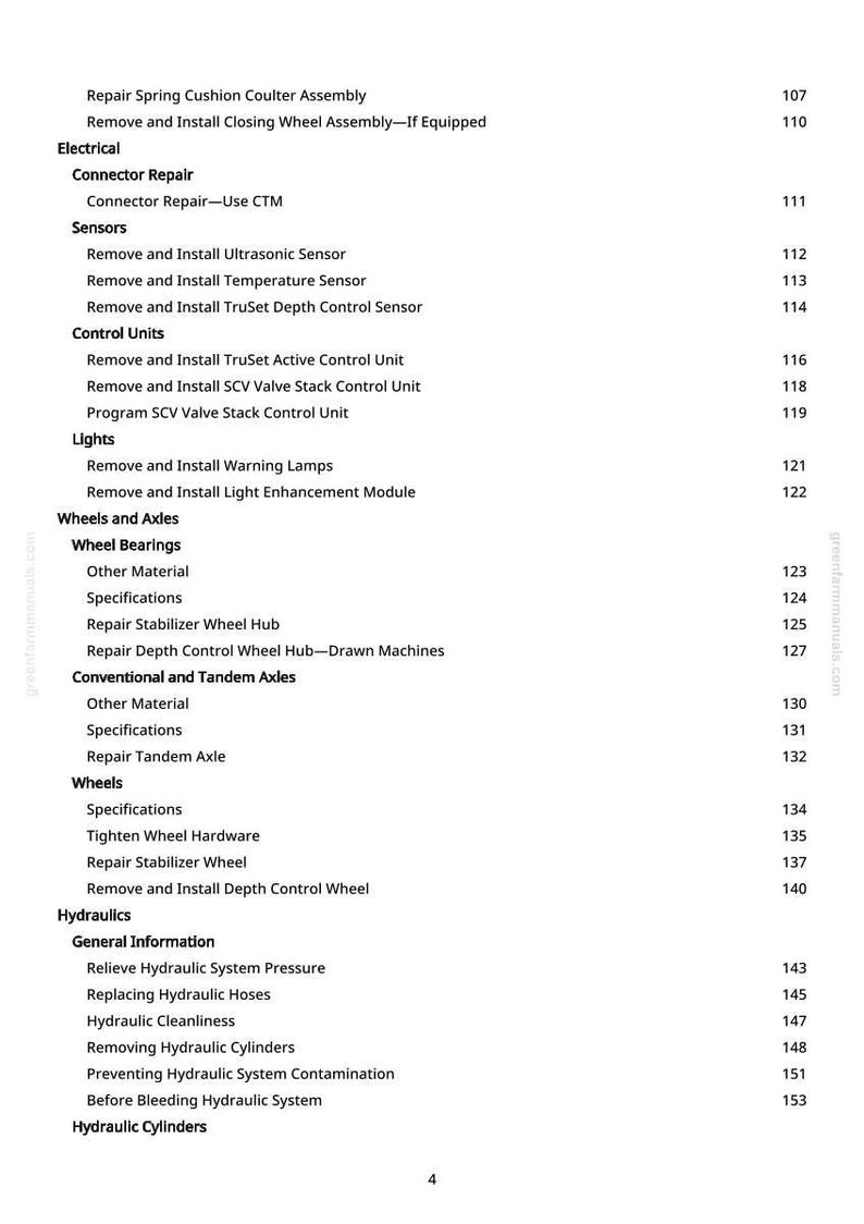 May include: A detailed table of contents from a manual, listing repair and maintenance procedures for agricultural equipment. The text is in black font on a white background, with page numbers on the right.