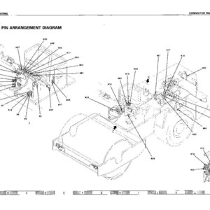 Puede incluir: Un diagrama t&eacute;cnico titulado "Diagrama de disposici&oacute;n de pines del conector" con ilustraciones de componentes de maquinaria pesada. El diagrama incluye esquemas detallados con etiquetas y l&iacute;neas, proporcionando una gu&iacute;a visual.