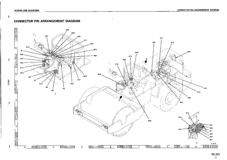 Puede incluir: Un diagrama t&eacute;cnico titulado "Diagrama de disposici&oacute;n de pines del conector" con ilustraciones de componentes de maquinaria pesada. El diagrama incluye esquemas detallados con etiquetas y l&iacute;neas, proporcionando una gu&iacute;a visual.