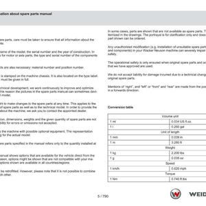 May include: A page from a spare parts manual with the title "General information about spare parts manual." The text includes details on ordering parts, technical information, and a conversion table with units like inches and pounds.