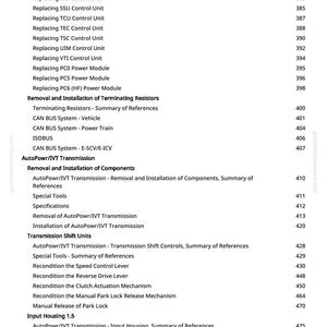 May include: A detailed table of contents from a manual, featuring a list of automotive repair topics. The text includes sections on control units, transmission systems, and component installation, with corresponding page numbers.