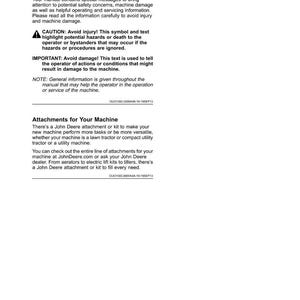 May include: A white page from a manual with the title "Introduction" at the top. The page contains safety messages, warnings, and information about attachments for a John Deere machine. The page number "3" is at the bottom.