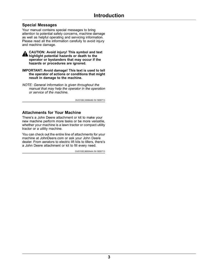 May include: A white page from a manual with the title "Introduction" at the top. The page contains safety messages, warnings, and information about attachments for a John Deere machine. The page number "3" is at the bottom.