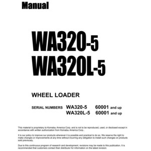 May include: A white shop manual with the title "Shop Manual" in bold black font. The manual's title is "WA320-5 WA320L-5 WHEEL LOADER". The serial numbers are listed as WA320-5 and WA320L-5, with numbers 60001 and up. The manual is dated April 2005.