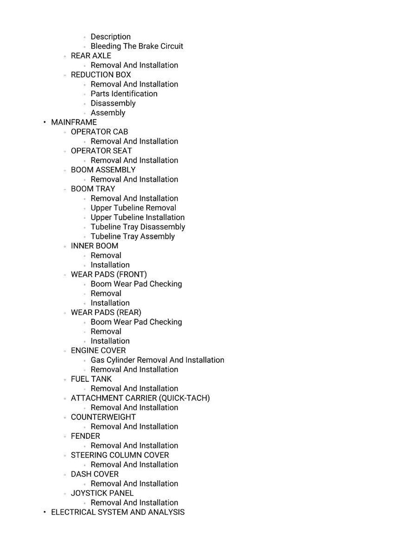 May include: A detailed list of mechanical procedures, including "Bleeding The Brake Circuit," "Removal And Installation," and "Assembly." The text is organized under headings like "REAR AXLE," "REDUCTION BOX," and "ENGINE COVER."
