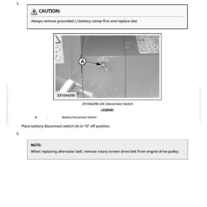 May include: Diagram illustrating the removal and installation of an alternator and alternator belt. The image includes a warning about removing the battery clamp first and a close-up of a disconnect switch.