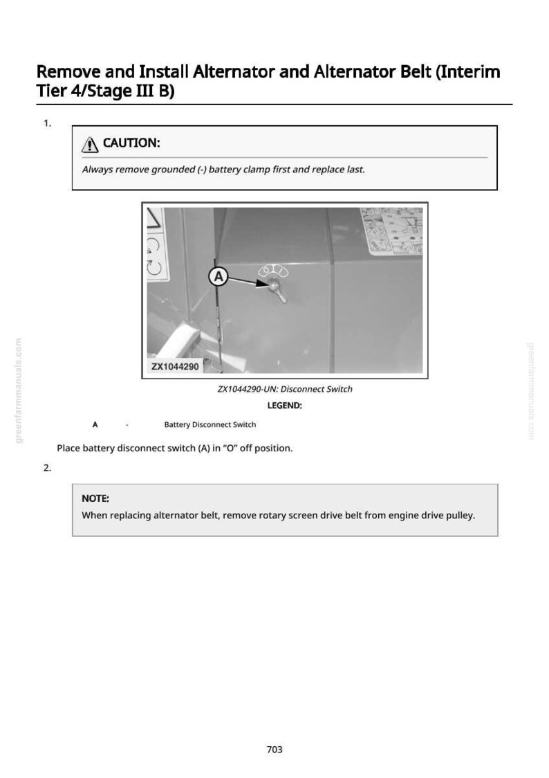 May include: Diagram illustrating the removal and installation of an alternator and alternator belt. The image includes a warning about removing the battery clamp first and a close-up of a disconnect switch.