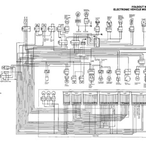 Op de afbeelding: Een zwart-wit diagram van een elektronisch voertuigbewakingssysteem. Het diagram bevat verschillende componenten, bedrading en tekstlabels. De titel "FOLDOUT NO. 6 ELECTRONIC VEHICLE MONITORING SYSTEM" staat bovenaan.